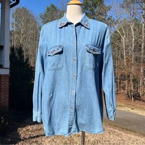 Light Wash Embroidered Denim Button-Up Shirt